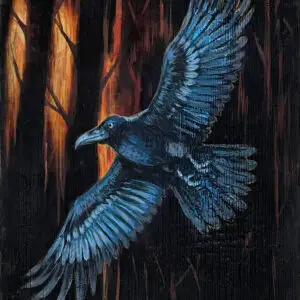 A black raven with wings spread wide, caught in mid-flight against a dark, burned forest glowing with orange firelight, painted in acrylic on charred wood