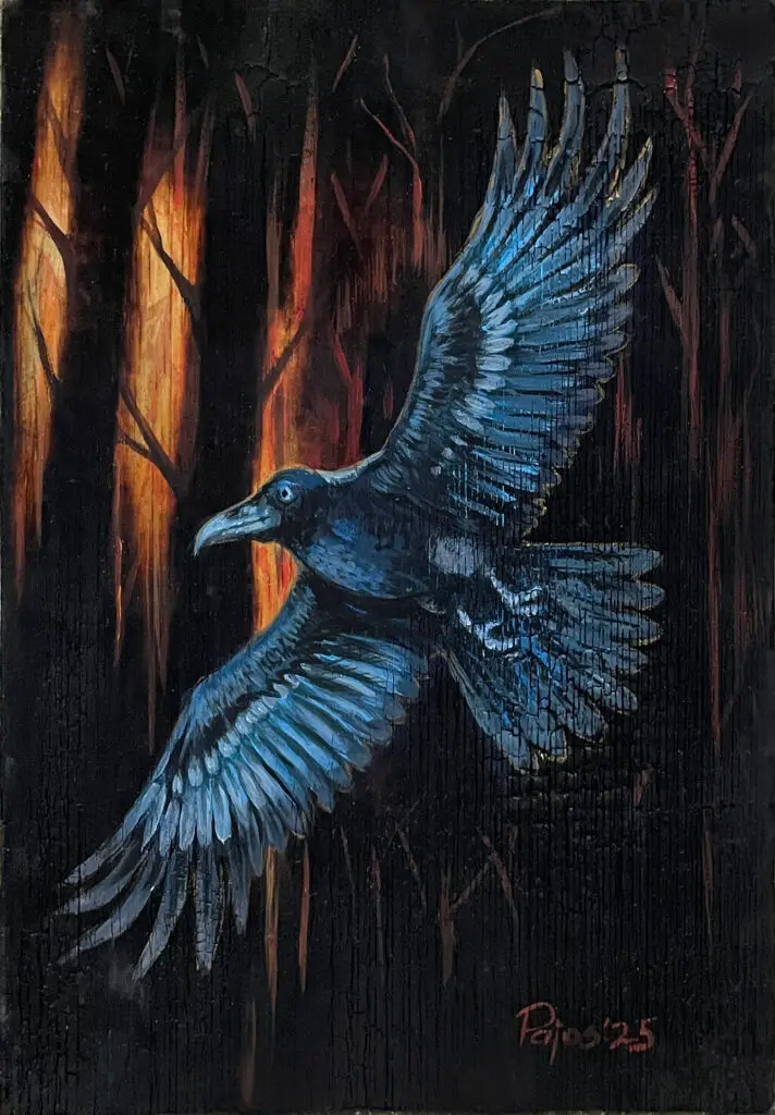 A black raven with wings spread wide, caught in mid-flight against a dark, burned forest glowing with orange firelight, painted in acrylic on charred wood