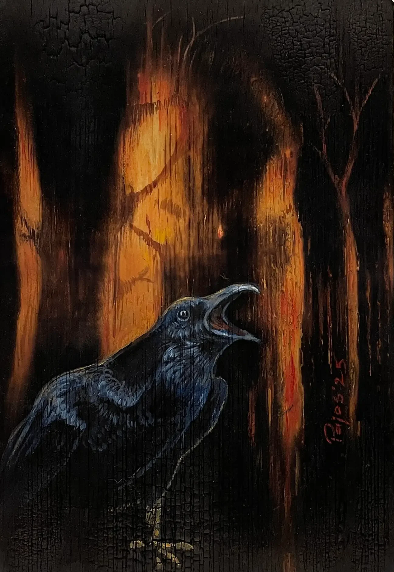 "The One Who Announces” – a black raven with its beak open as if calling or warning, painted in front of a dark, burned forest glowing with orange firelight on a charred wood surface.