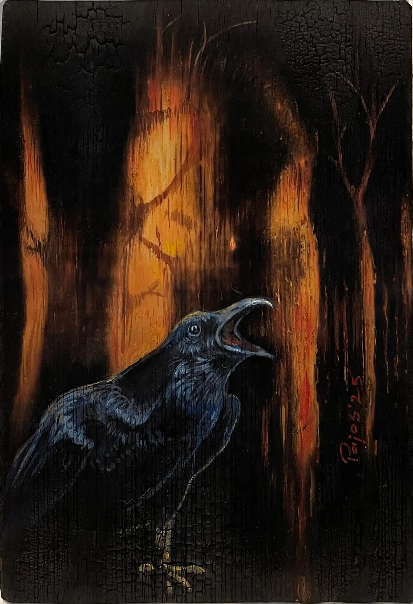 "The One Who Announces” – a black raven with its beak open as if calling or warning, painted in front of a dark, burned forest glowing with orange firelight on a charred wood surface.
