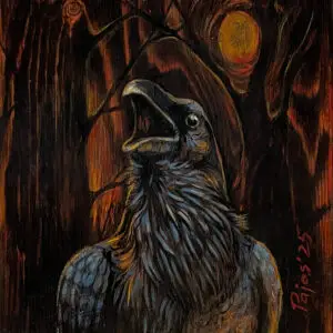"The One Who Knows” – a black raven with its beak open as if calling or warning, painted in front of a dark, burned forest glowing with orange firelight on a charred wood surface.