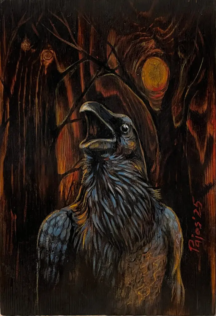 "The One Who Knows” – a black raven with its beak open as if calling or warning, painted in front of a dark, burned forest glowing with orange firelight on a charred wood surface.