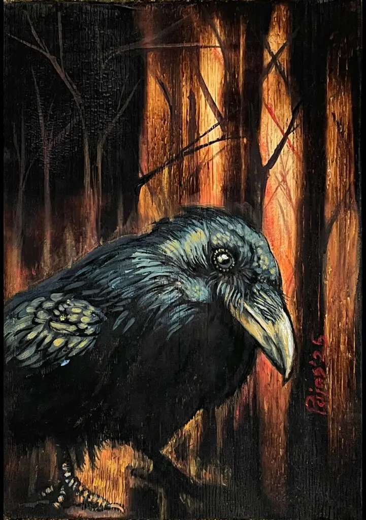 “The One Who Understands” – a close-up painting of a black raven standing in a dark, burned-looking forest, its feathers catching cool blue highlights against a glowing orange and yellow background that suggests fire or fading light between tall tree trunks.