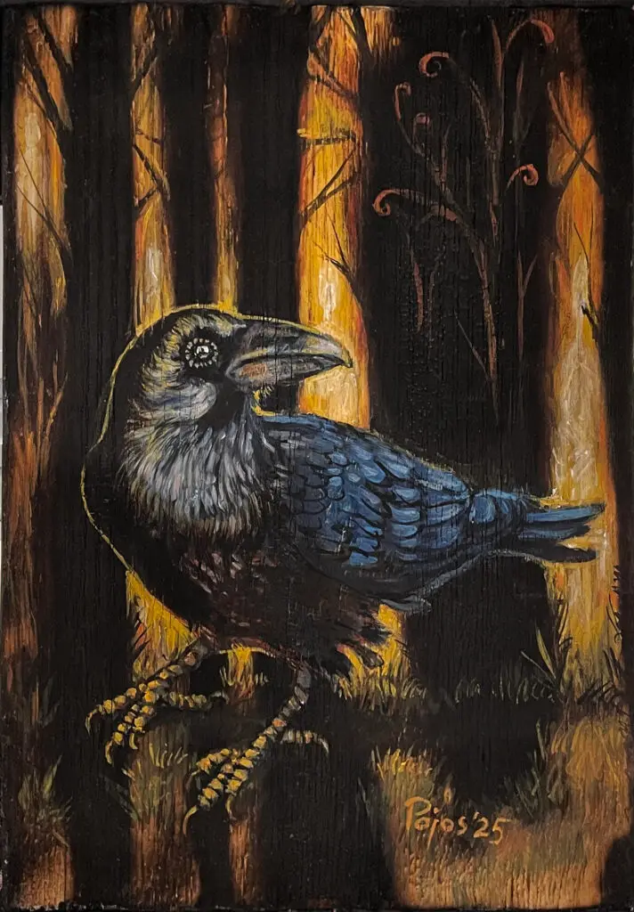 “The One Who Understands” – a close-up painting of a black raven standing in a dark, burned-looking forest, its feathers catching cool blue highlights against a glowing orange and yellow background that suggests fire or fading light between tall tree trunks.