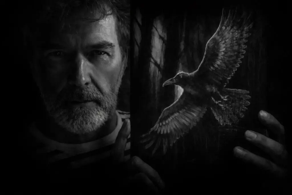 Artist Priit Pajos with raven painting.