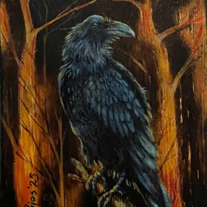“The One Who Stays” – painting of a black raven standing in a dark, burned-looking forest, its feathers catching cool blue highlights against a glowing orange and yellow background that suggests fire or fading light between tall tree trunks.