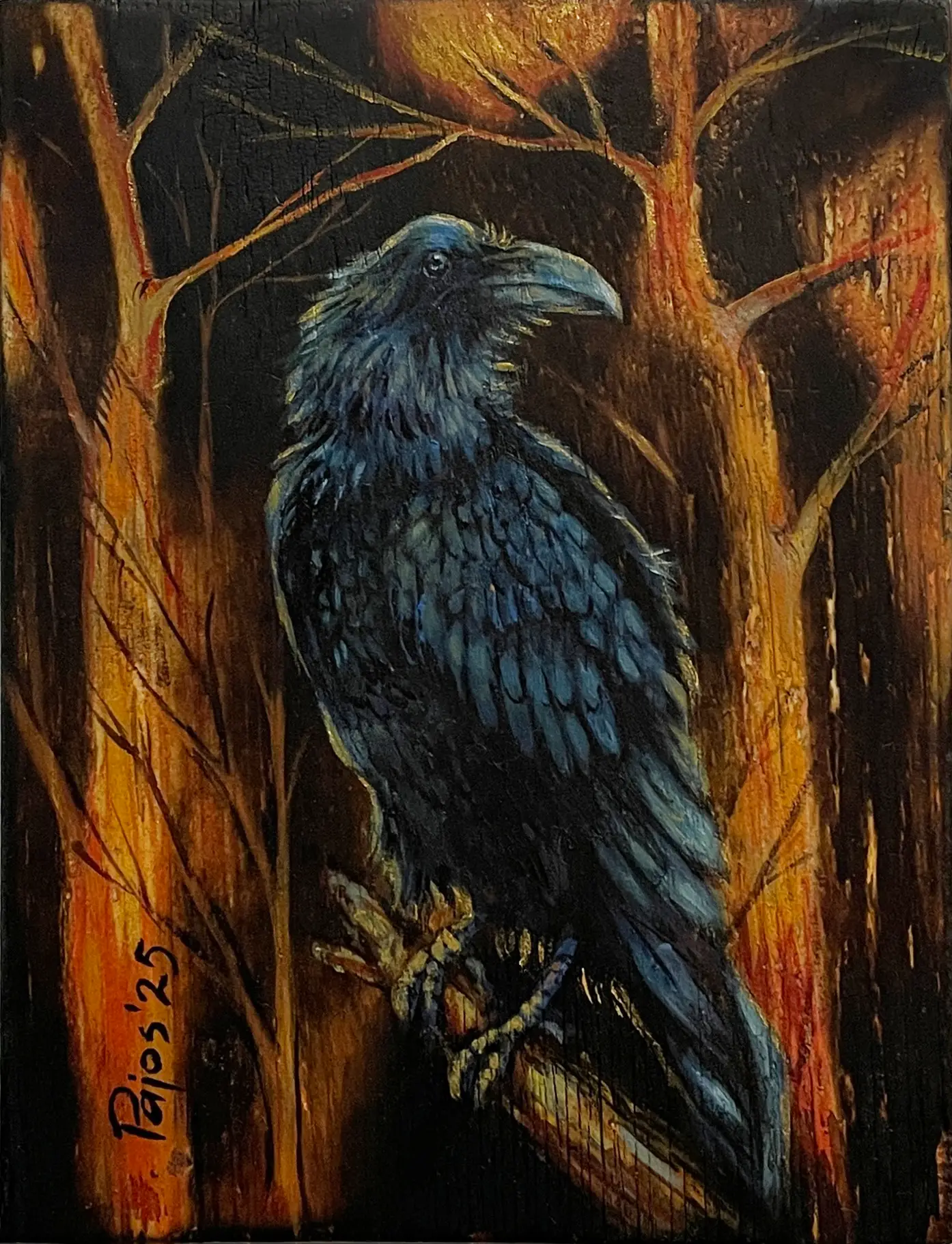 “The One Who Stays” – painting of a black raven standing in a dark, burned-looking forest, its feathers catching cool blue highlights against a glowing orange and yellow background that suggests fire or fading light between tall tree trunks.