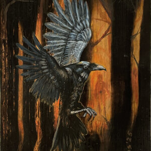 A black raven with wings spread wide, caught in mid-flight against a dark, burned forest glowing with orange firelight, painted in acrylic on charred wood.