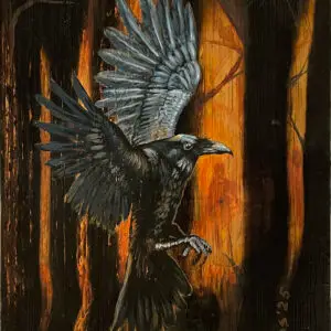 A black raven with wings spread wide, caught in mid-flight against a dark, burned forest glowing with orange firelight, painted in acrylic on charred wood.