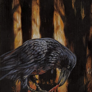 "The One Who`s Hungry"- a dark, atmospheric painting of a raven perched on a branch in a firelit forest, feeding on raw meat. The bird is painted in acrylic on burned wood, with glowing amber and black tones creating a dramatic, ritual-like mood