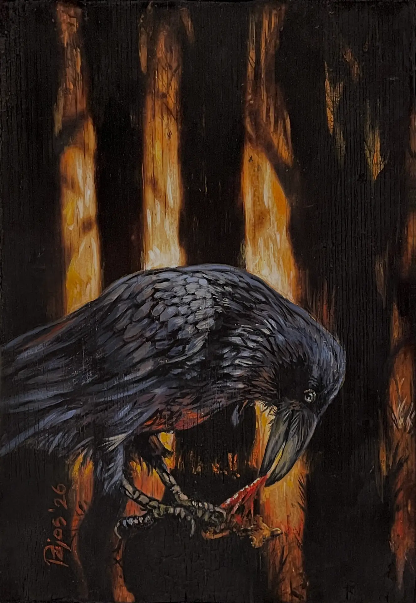 "The One Who`s Hungry"- a dark, atmospheric painting of a raven perched on a branch in a firelit forest, feeding on raw meat. The bird is painted in acrylic on burned wood, with glowing amber and black tones creating a dramatic, ritual-like mood