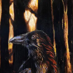 “The One Who Waits” – a close-up painting of a black raven standing in a dark, burned-looking forest, its feathers catching cool blue highlights against a glowing orange and yellow background that suggests fire or fading light between tall tree trunks.