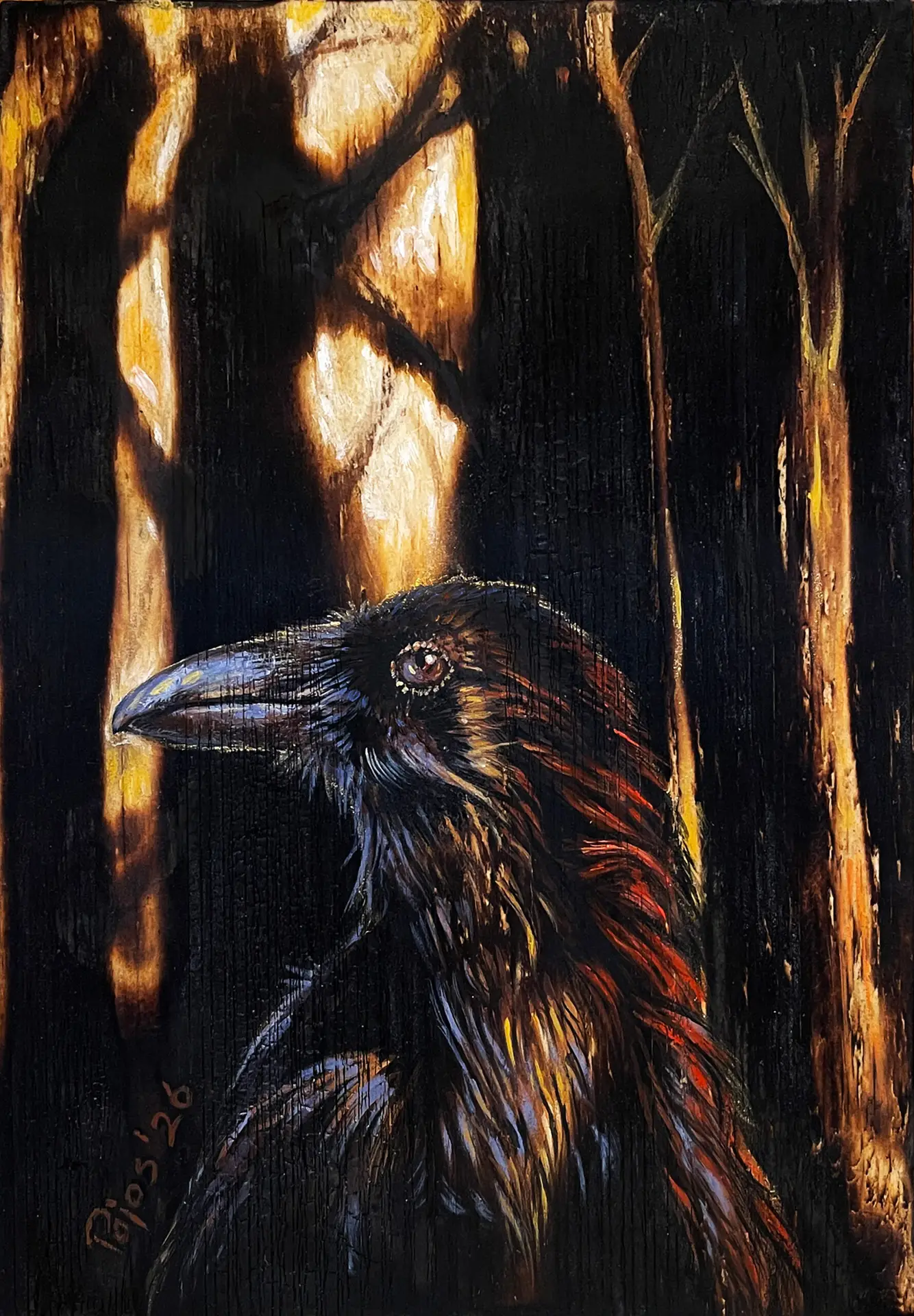 “The One Who Waits” – a close-up painting of a black raven standing in a dark, burned-looking forest, its feathers catching cool blue highlights against a glowing orange and yellow background that suggests fire or fading light between tall tree trunks.