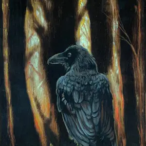 “The One Who`s About To Leave” – painting of a black raven siting in a dark, burned-looking forest, its feathers catching cool blue highlights against a glowing orange and yellow background that suggests fire or fading light between tall tree trunks.