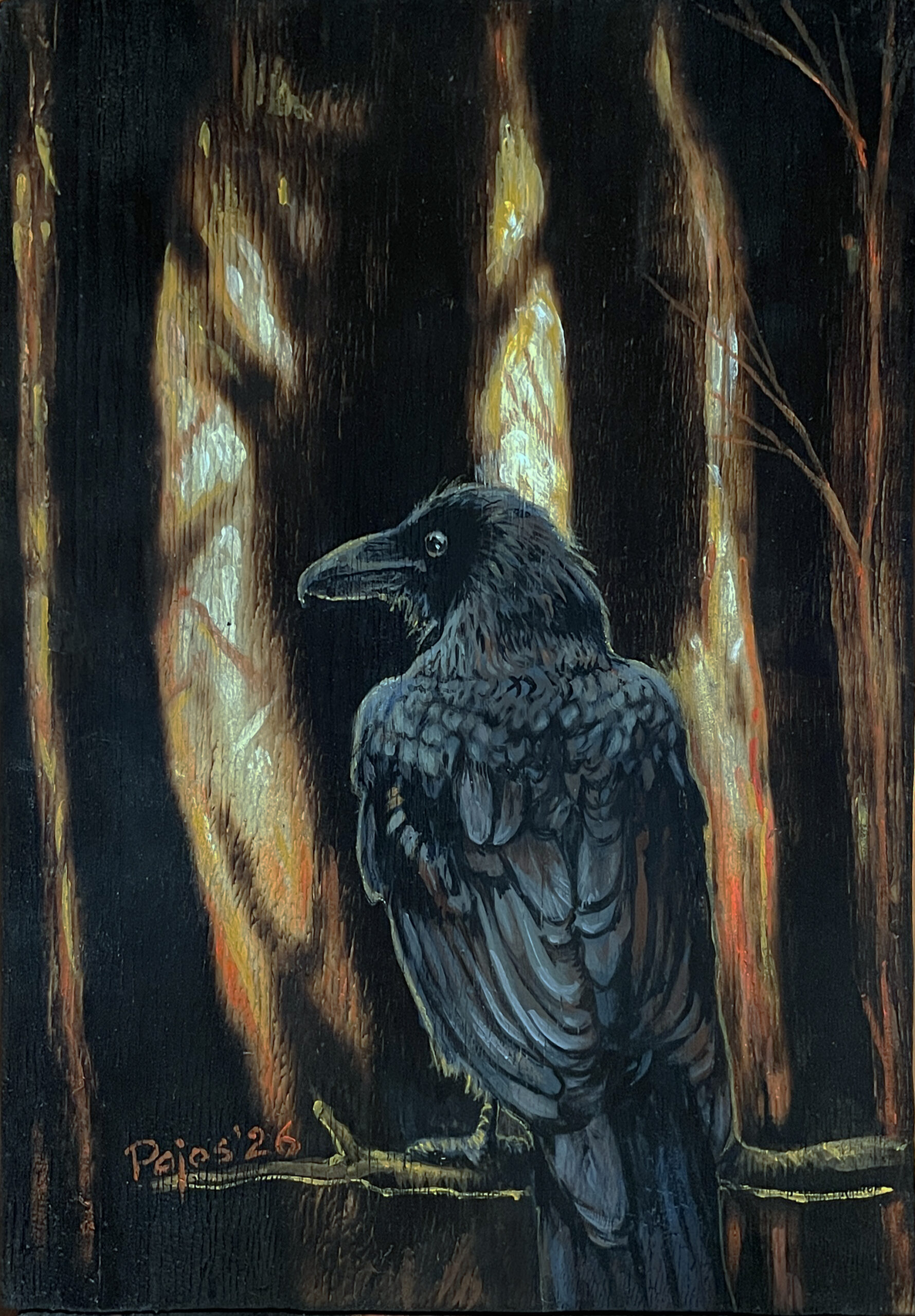 “The One Who`s About To Leave” – painting of a black raven siting in a dark, burned-looking forest, its feathers catching cool blue highlights against a glowing orange and yellow background that suggests fire or fading light between tall tree trunks.