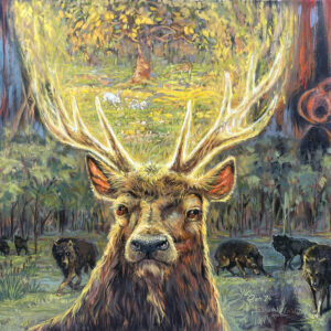 A vivid painting of a large stag facing the viewer, its luminous antlers framing a bright woodland scene with rabbits and a deer. Darker forest surrounds the stag, where wolves and wild boars emerge from the shadows, creating a contrast between an idyllic vision of nature and its wilder, more mysterious side