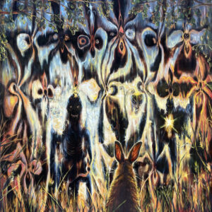 A surreal, dreamlike forest scene in which a small brown hare faces a mysterious gathering of glowing, ghostly creatures and distorted faces emerging from the darkness. Twisted trees, luminous eyes, and swirling organic forms create an enchanted, otherworldly atmosphere, illuminated by vibrant blues, golden yellows, and fiery oranges.