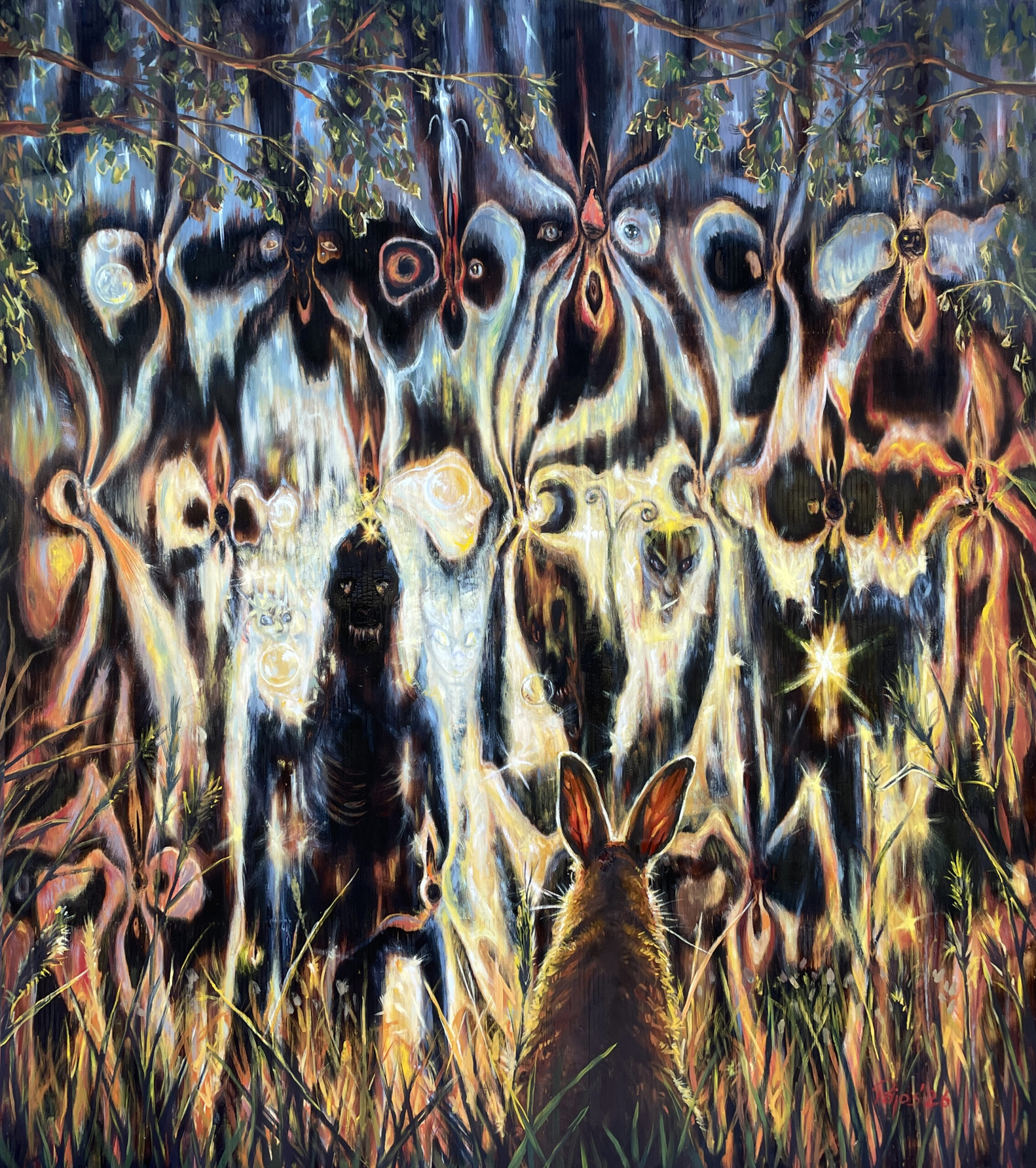 A surreal, dreamlike forest scene in which a small brown hare faces a mysterious gathering of glowing, ghostly creatures and distorted faces emerging from the darkness. Twisted trees, luminous eyes, and swirling organic forms create an enchanted, otherworldly atmosphere, illuminated by vibrant blues, golden yellows, and fiery oranges.